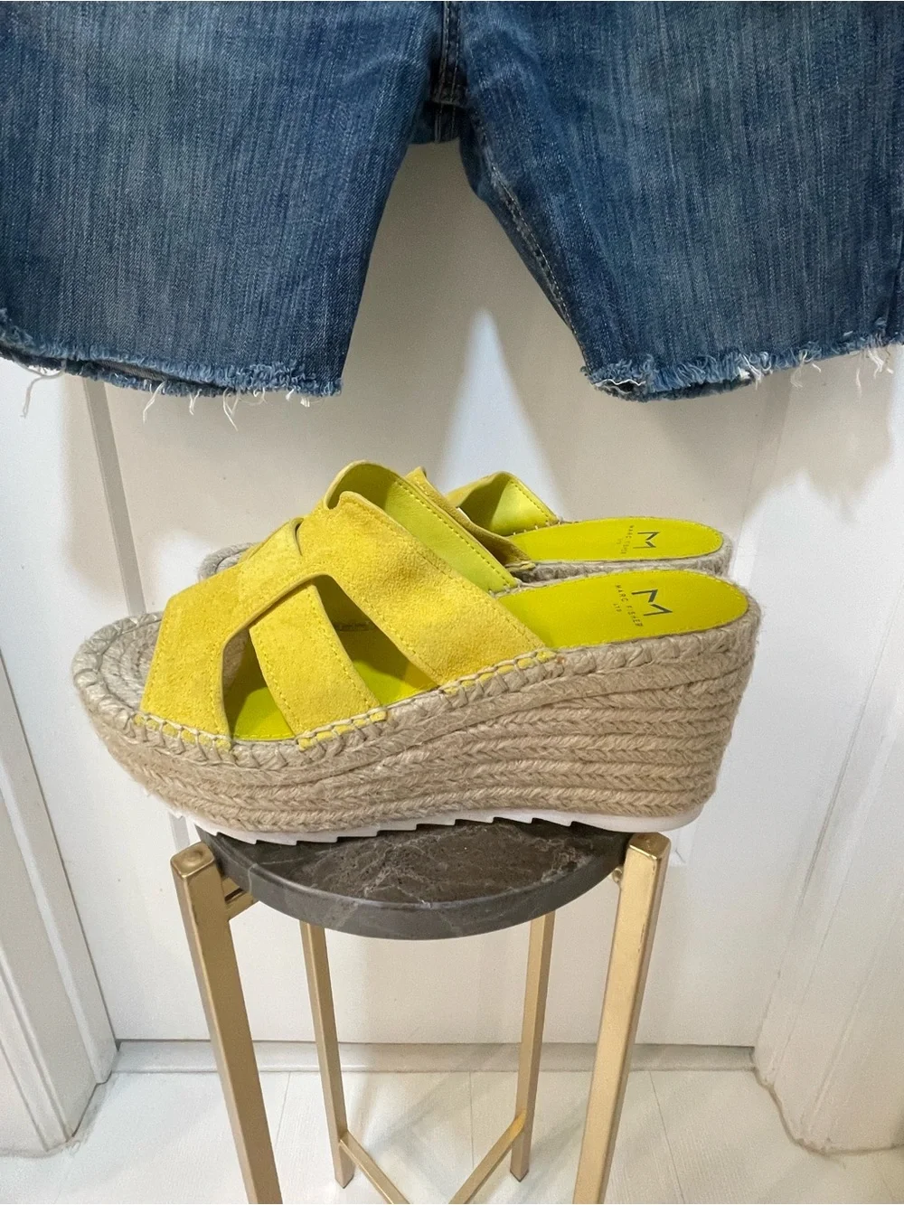 Marc Fisher Robbyn Platform Wedge Sandals Yellow Leather Espadrille  - Size 7.5